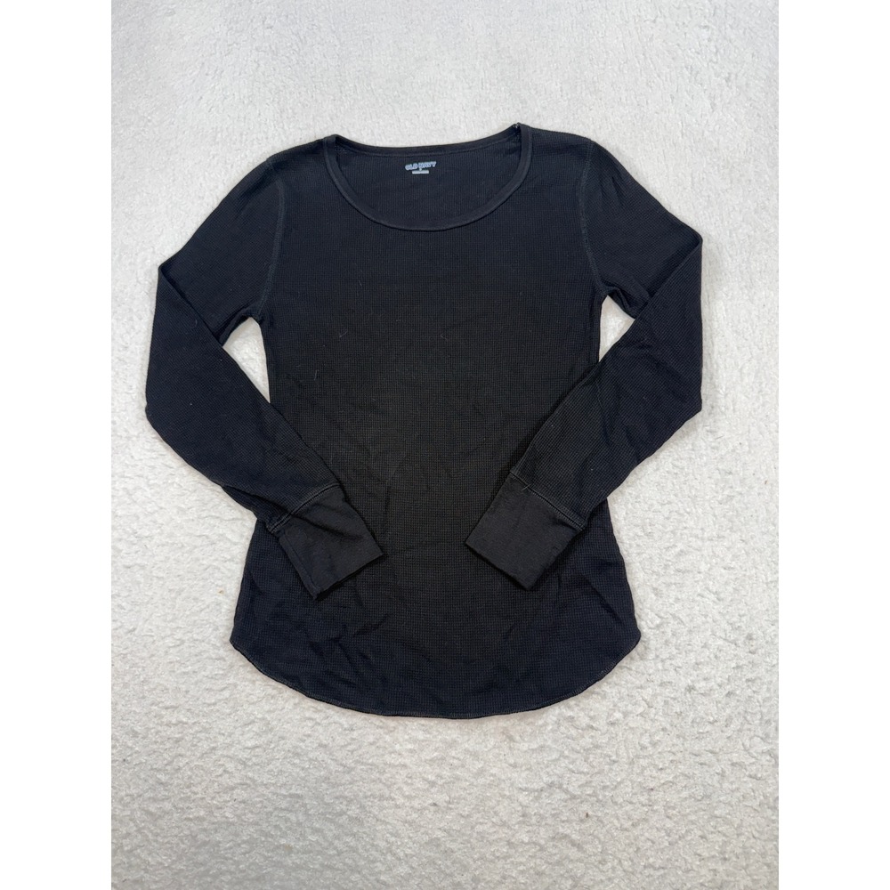Old Navy Womens Small Black Waffle Knit Thermal Long Sleeve Scoop Neck Top